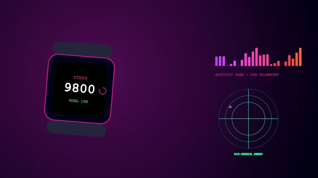 A digital remote health monitoring interface displaying step count progression and physiological sensor activity on a smart wrist wearable device against shifting dark purple gradient atmosphere