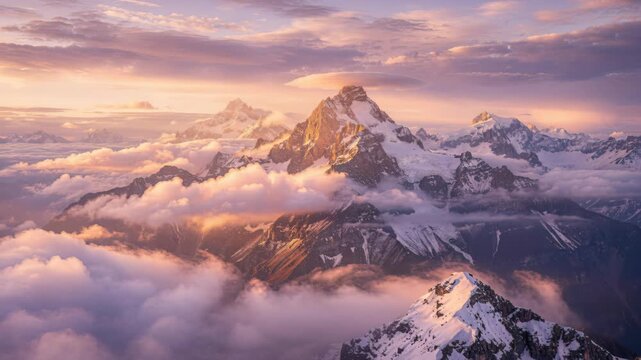 Sunrise Over Majestic Peaks: The first rays of dawn illuminate a breathtaking mountain range, casting a golden hue over snow-capped summits emerging from a sea of soft clouds.