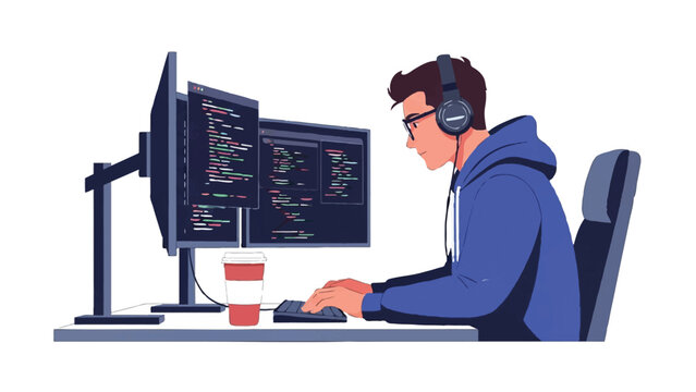 Software Developer Programming on Multiple Monitors at Desk, Flat Vector Illustration of a Coder Working in Office