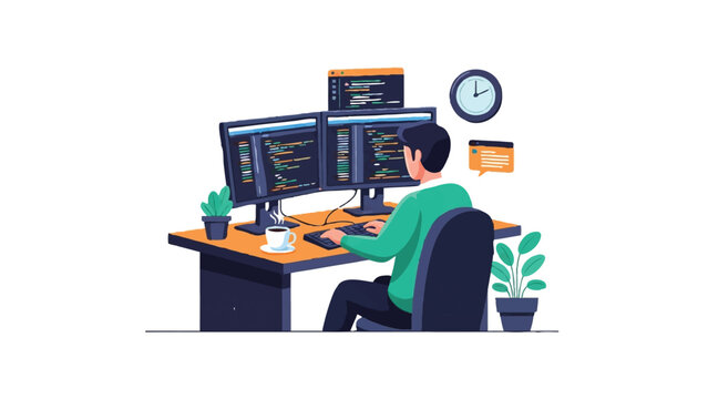 Software Developer Working on Code with Dual Monitors in Modern Workspace Illustration