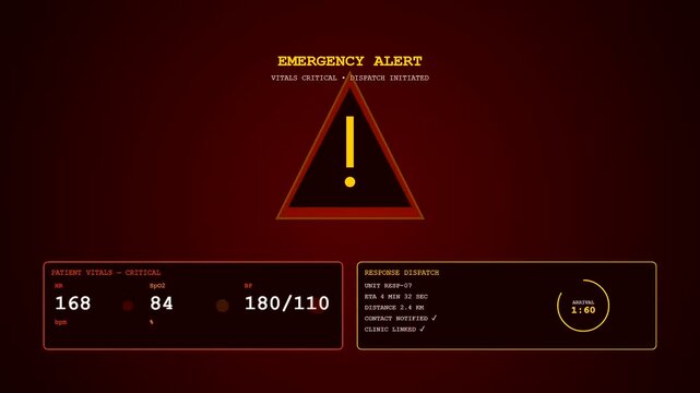 A screen displaying remote health monitoring data with critical patient vitals and emergency warning alerts visible during a medical dispatch sequence on a dark red interface
