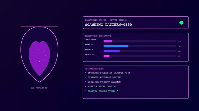 A sequence showing remote health monitoring interfaces with glowing geometric diagrams appearing on a deep navy digital display for modern medical diagnostic software system analysis