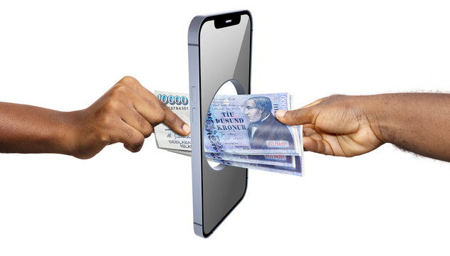 A 3D render shows two hands passing a stack of blue Icelandic 10,000 Kr&oacute;nur bills through a circular hole in a smartphone, visually symbolizing mobile banking and seamless digital cash transfers.