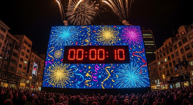 Digital countdown timer on ancient stone clock tower.