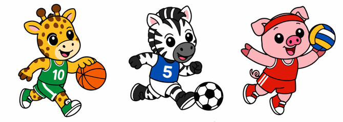 Obraz premium Three cute cartoon animals playing sports on a light background: giraffe with basketball, zebra in soccer uniform with ball, and pig in red volleyball outfit. Kids sport concept.