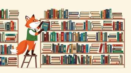 Fox in a green vest stands on a stool selecting a blue book from tall shelves © argi