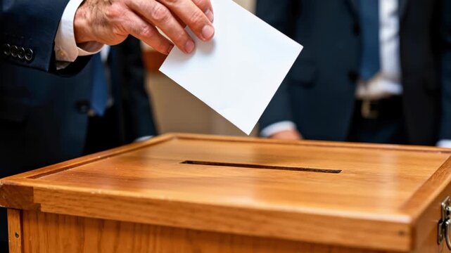 Casting a Ballot: A hand casts a blank ballot into a wooden ballot box, symbolizing the democratic process of voting and civic participation.