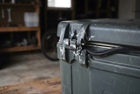 Close-up of shattered plastic hinge on heavy-duty cooler box in garage