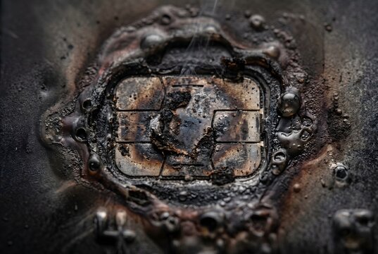 Extreme macro texture of severely burnt and scorched credit card EMV chip