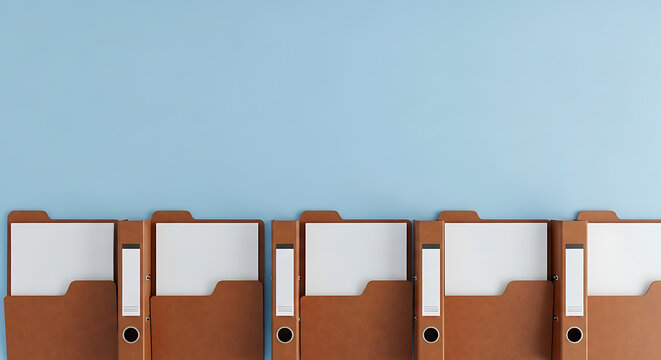 Professional 3D rendering of brown file folders with blank white document inserts on a light blue background top view offering copy space for business corporate identity and office branding.