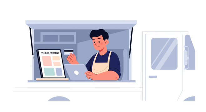 Smiling cashier using tablet and credit card at a food truck window, contactless payment