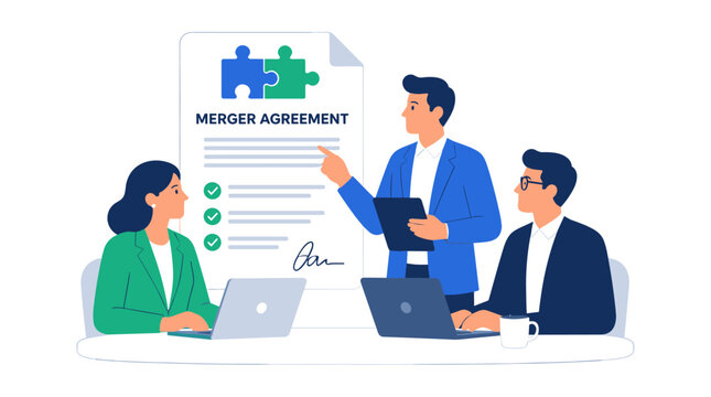 Merger agreement signing and negotiation scene with professionals.
