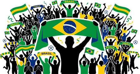 Brazilian soccer fans celebrating with flags and banners in a crowd © Khatunay JANNATARA