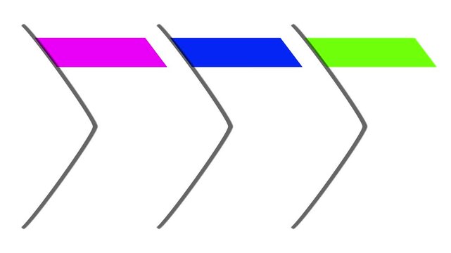 Chevron ribbon timeline animation. Colorful geometric progression steps appearing on a white background. Perfect for workflow presentations.