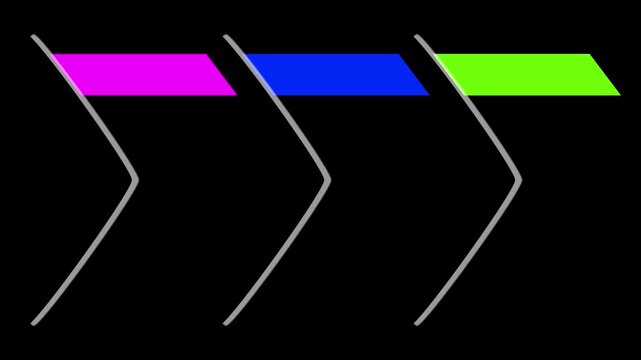 Chevron ribbon timeline animation. Colorful geometric progression steps appearing on a black background. Perfect for workflow presentations.
