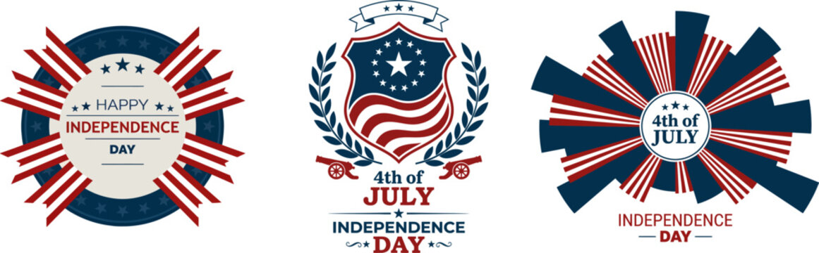 Patriotic 4th of July badges, American Independence Day vector emblems, red white and blue star and stripe shield labels, set of 3 holiday icons editable vetor.