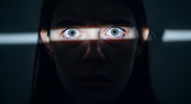 Woman face hidden in shadow with a horizontal strip of light illuminating her wide eyes
