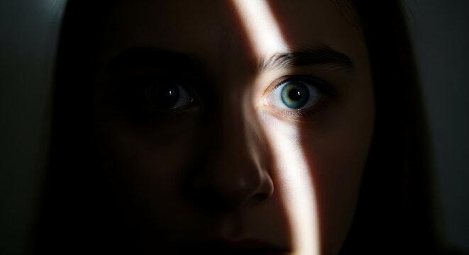 Woman face in the dark with a dramatic beam of light illuminating one eye in a close up portrait

