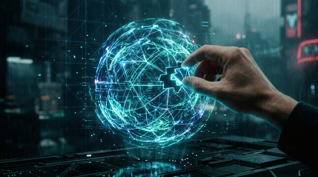 A concept image of a human hand placing the final piece into a glowing, abstract holographic shield or a sphere made of interlocking light lines. The background is a clean, dark blue digital grid with
