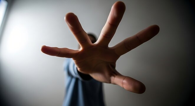 Hand extended forward with open fingers toward the camera lens in a dramatic close up gesture
