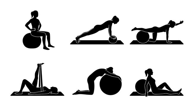 Pilates Ball Exercises, Fitness Poses, Woman Workout Silhouettes, Yoga Ball Training Set