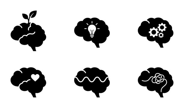 Brain Icons Set: Growth, Idea, Mechanics, Love, Waves, Chaos, Vector Graphics
