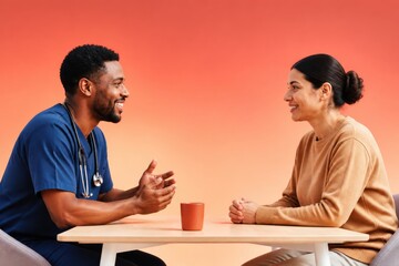 Fototapeta premium Friendly healthcare consultation between doctor and patient in a calm studio setting