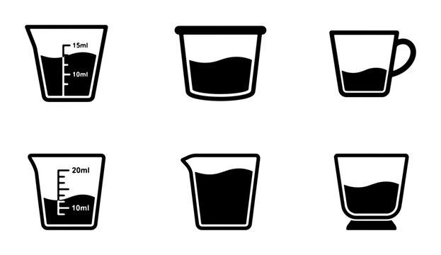 Measuring Cups and Beakers Vector Icons, Kitchenware and Laboratory Glassware Set, Liquid Volume Tools