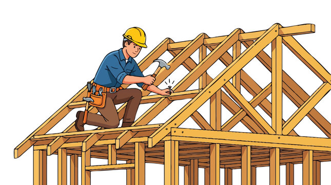 Carpenter Building a Wooden House Roof Frame Illustration - Residential Construction Concept