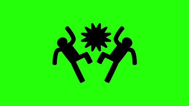 4K horizontal layout featuring two pedestrians walking and crashing into each other collision silhouette bouncing fluidly. Tactical popup alert icon.
