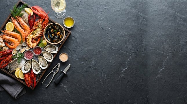 Luxury seafood arranged with dominant negative space for bold advertising.