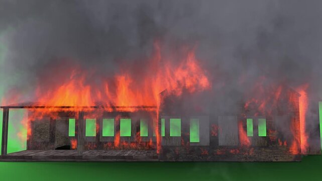 burning house. Lots of flames and smoke. Green screen isolate.. Realistic 4k animation