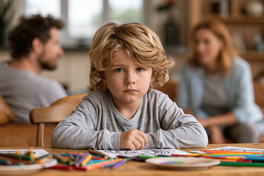 Child focused on drawing while parents talk in the background at home