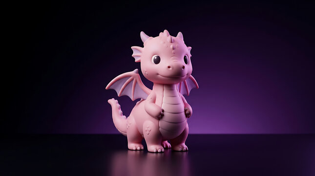 A pink dragon toy with wings and a tail stands on a dark purple background