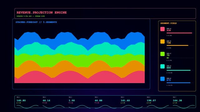 A colorful predictive analytics graph shows fluctuating financial data trends displayed on a dark monitor screen during a continuous digital monitoring stream for corporate performance analysis