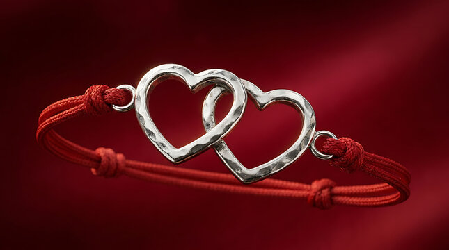A romantic red cord bracelet with two interlocking silver heart charms on a dark red fabric background.
