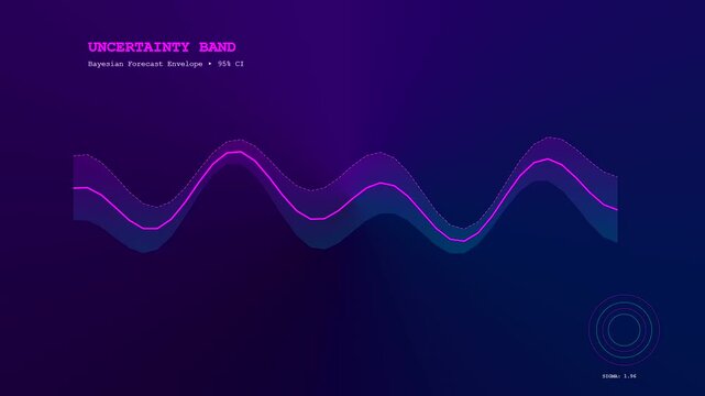 A predictive analytics graph displays fluctuating data patterns with flowing lines and shimmering light nodes that evolve across the dark blue screen in three distinct stages