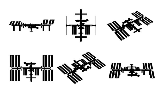 International Space Station Vector Icons, Orbital Laboratory Silhouettes, Space Exploration Graphics