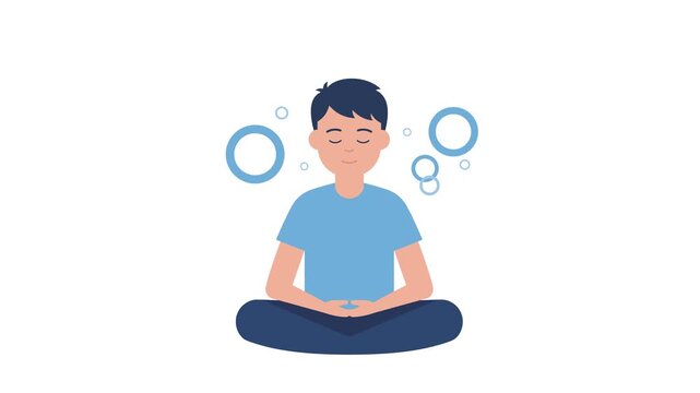 Flat vector character of a man meditating in lotus pose. Ideal for mental health awareness, yoga classes, and stress management video projects with a clean, calm aesthetic.