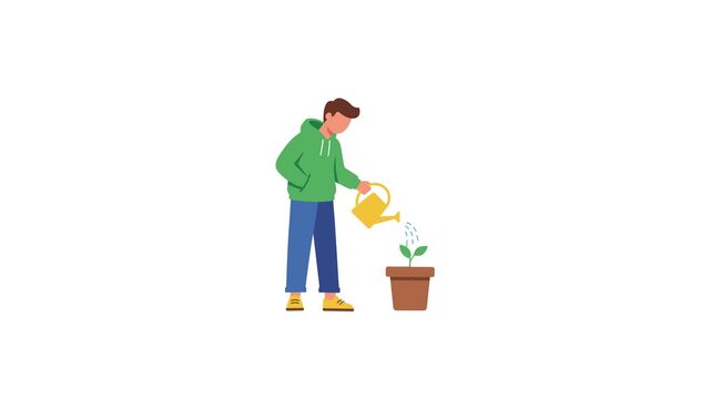 Flat vector animation of a character watering a seedling in a pot, representing growth, sustainability, and environmental care for gardening and eco-friendly concepts.
