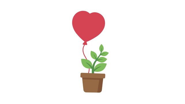Flat style animation of a red heart balloon tied to a green plant in a terracotta pot. Concept for love, growth, and environmental awareness on a white background.