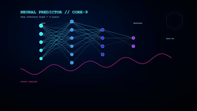 Predictive analytics graph visualized as a glowing network of dots and lines pulsing with vibrant neon colors across a dark digital interface during data cycle processing
