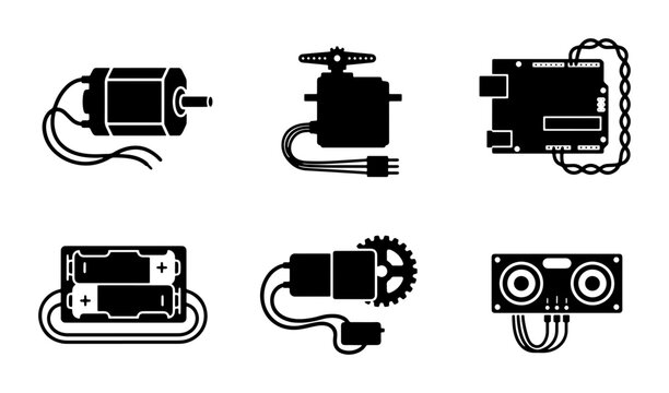 Electronic Components Vector Icons: Motors, Servos, Circuit Boards, Battery Packs, Gears, Sensors