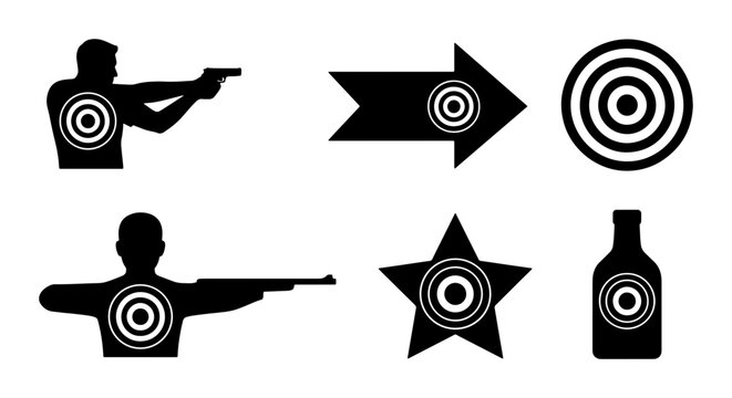 Shooting Targets Vector Icons: Silhouette, Arrow, Circle, Star, Bottle, Aiming