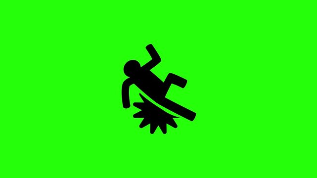 Clean 4K video showing a generic human figure losing balance and falling slip accident instruction silhouette bouncing. Universal public area warning graphic.