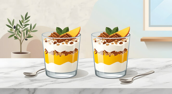Layered mango yogurt parfaits with granola and pecans on a marble counter