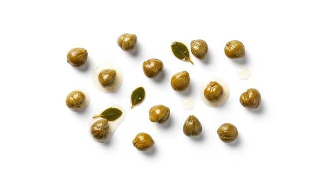 Fresh capers and green leaves on white background