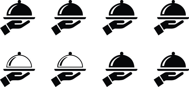 Hospitality icon set hand holding serving tray with cloche vector