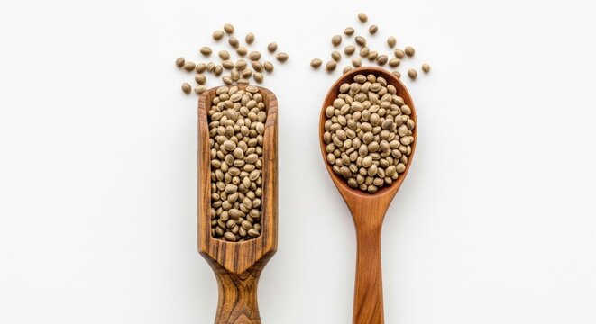 Wooden spoons with hemp seeds on white background - a minimalist and natural composition