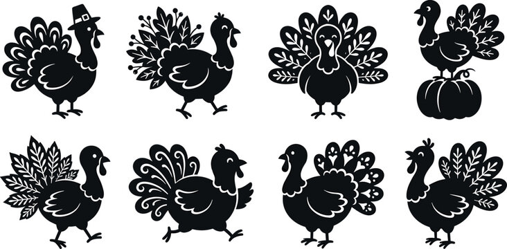 Cute Turkey Silhouette Icon Set with Pilgrim Hat, Pumpkin, and Folk Art Details for Thanksgiving Craft Projects, Cricut Cutting Designs, and Holiday Patterns